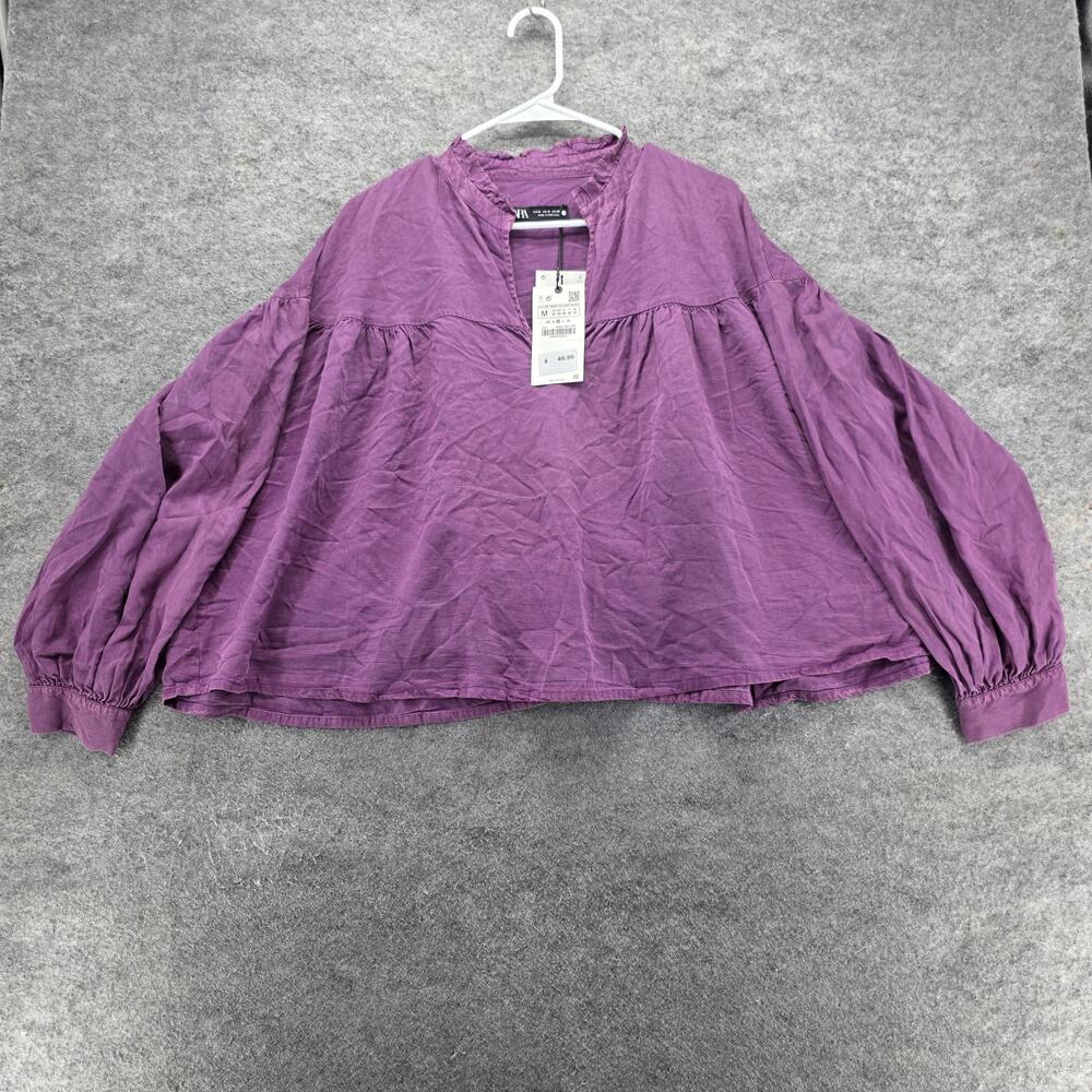 Zara Shirt Womens Medium Purple Lyocell Peasant Blouse Long Sleeve Boho Flowy